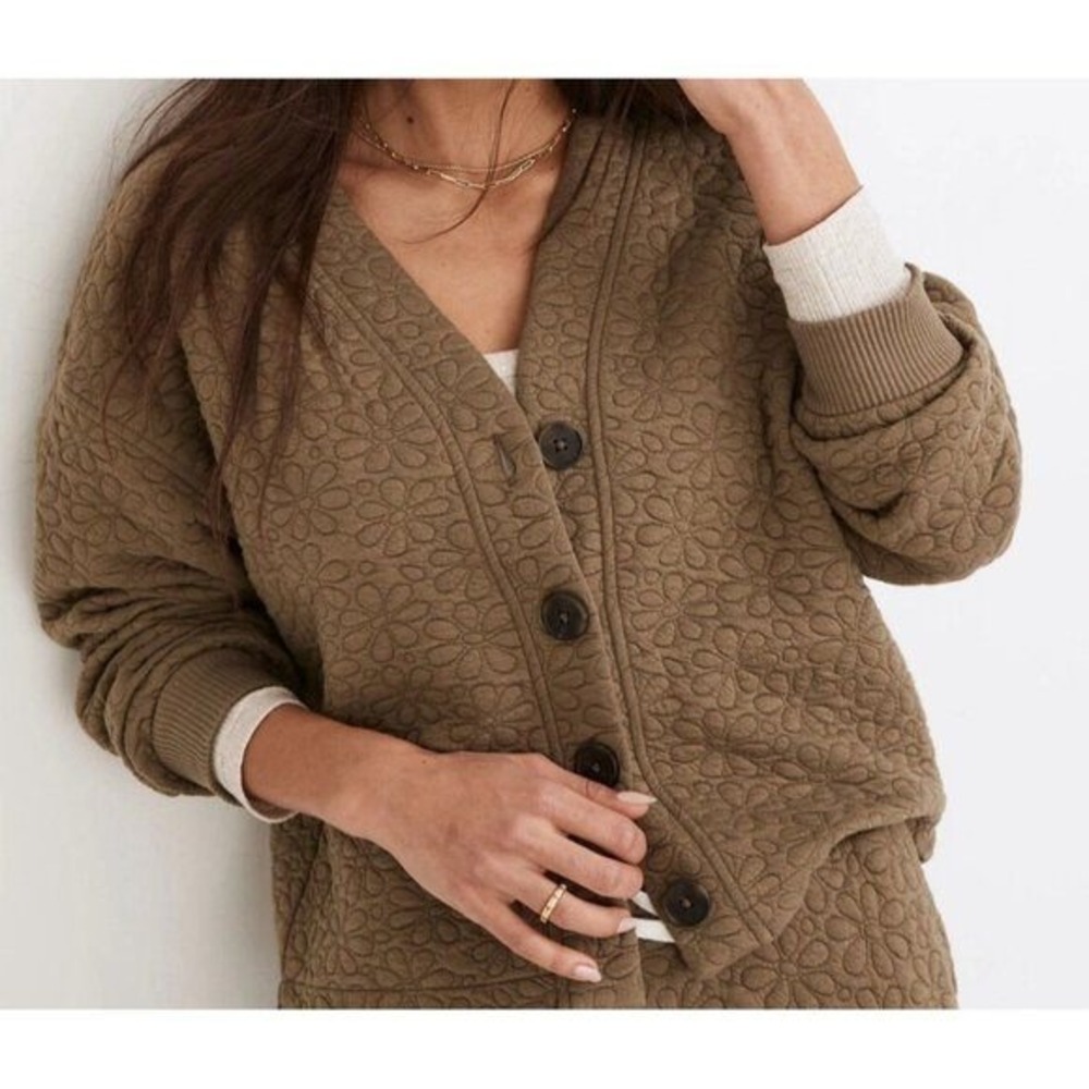 Madewell Cardigan Womens XS Flower Puff Jacquard Textured Jacket Olive Green
